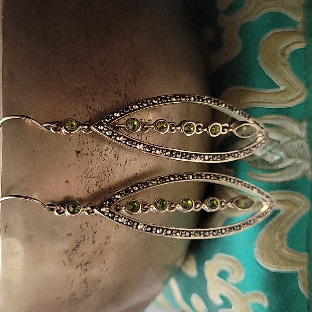 Monet gold and green rhinestone dangle earrings